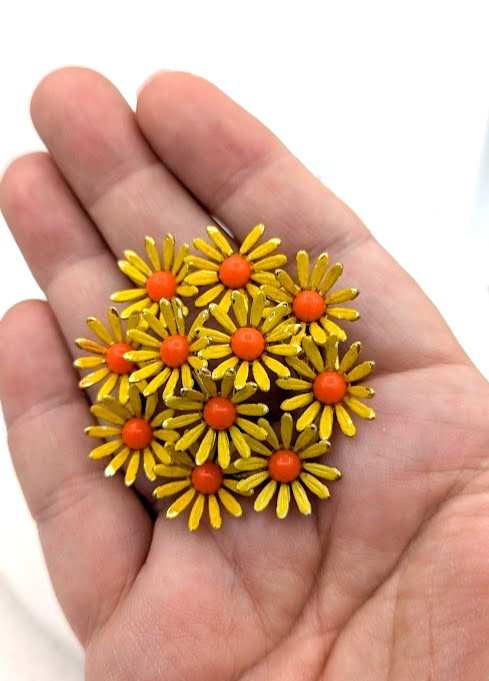 Vintage WEISS Enamel Flower Brooch Yellow Orange Daisy Floral Pin Mod Pop Art