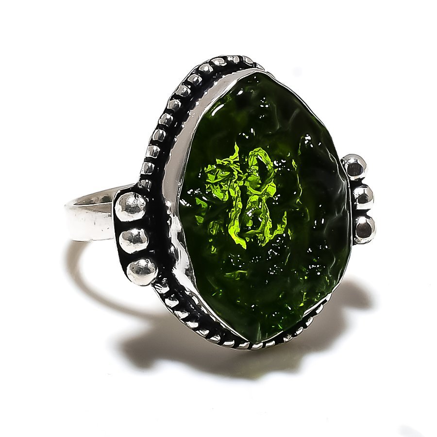 Moldavite Quartz Gemstone 925 Sterling Silver Gift Jewelry Ring Size 10 O177