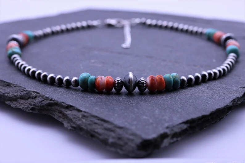 Kingman Turquoise and Spiny Oyster Necklace | Sterling Silver Navajo Jewelry