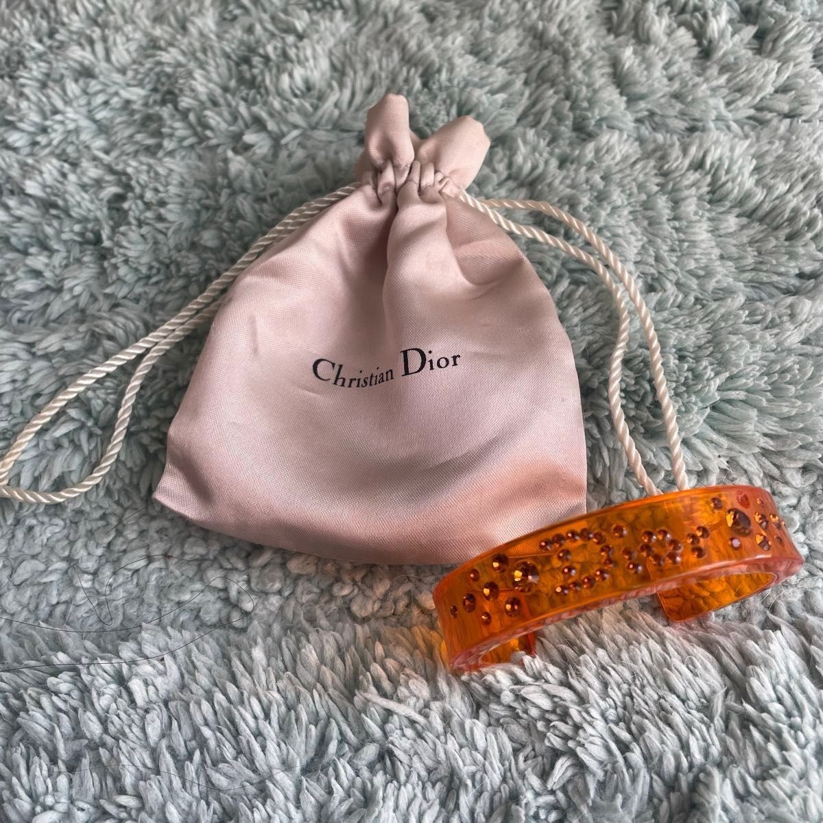 Christian Dior Logo Rhinestone Clear Orange Bangle Bracelet Cuff Accessory