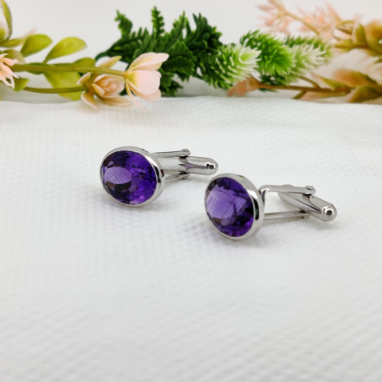 Natural Amethyst Silver Cuff Links for Men 12×16 mm Oval Gemstone Cuffs for him