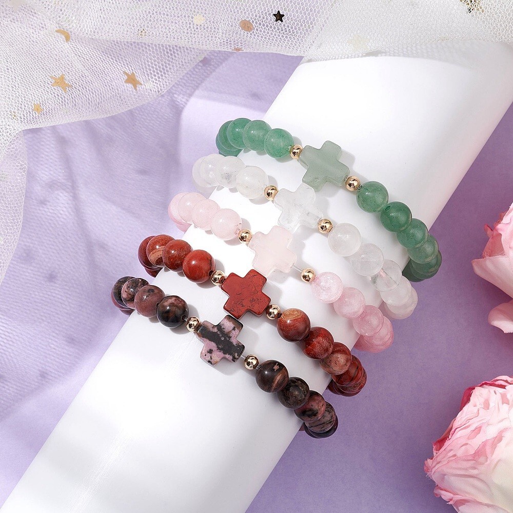 8mm Stretchy Stone Bracelets Assorted Cross Gemstone Beads Healing Reiki T61