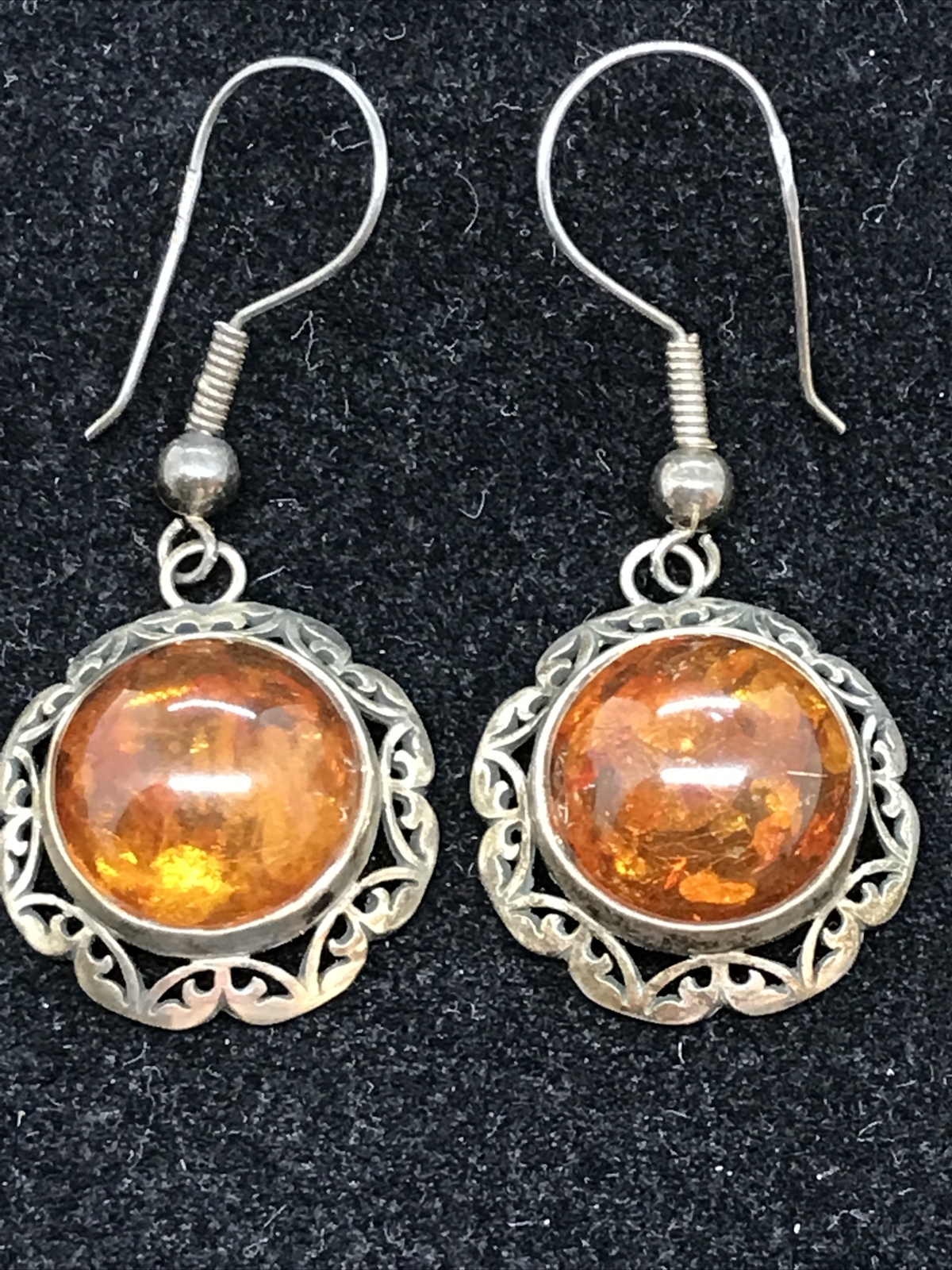 Vintage Sterling Silver 925 Amber Stones Pierced Dangle Earrings Makers Marked
