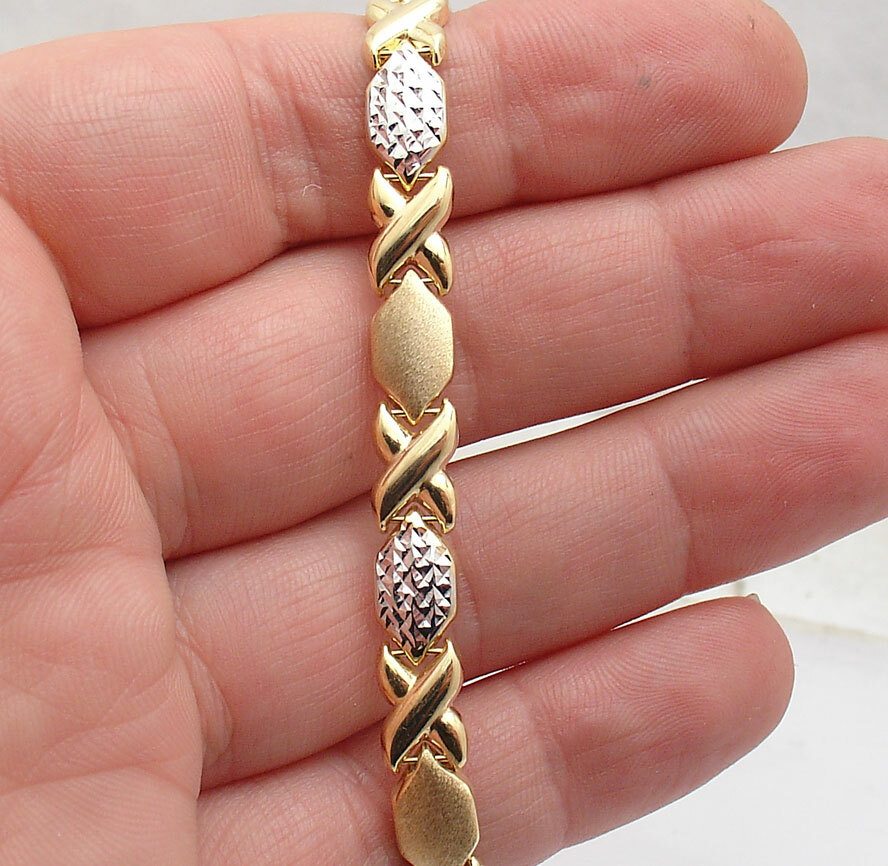 7″ Hugs & Kisses XOXO Bracelet 10K Yellow White Two-Tone Gold Plated 925 Silver