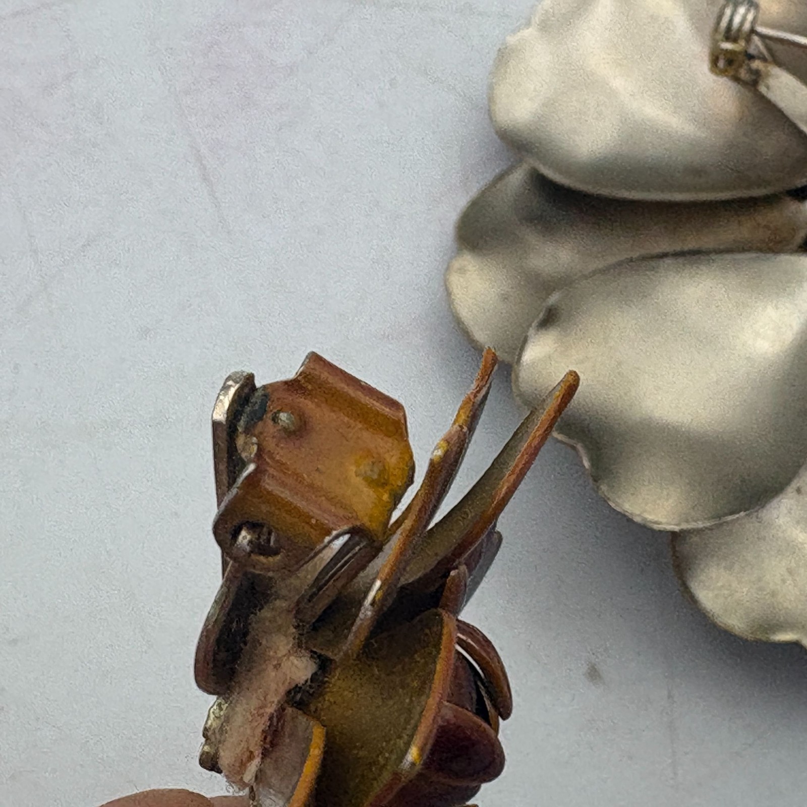 Vintage Brown Metal and Enamel 3D Floral Pin Brooch & Clip-On Earrings Set