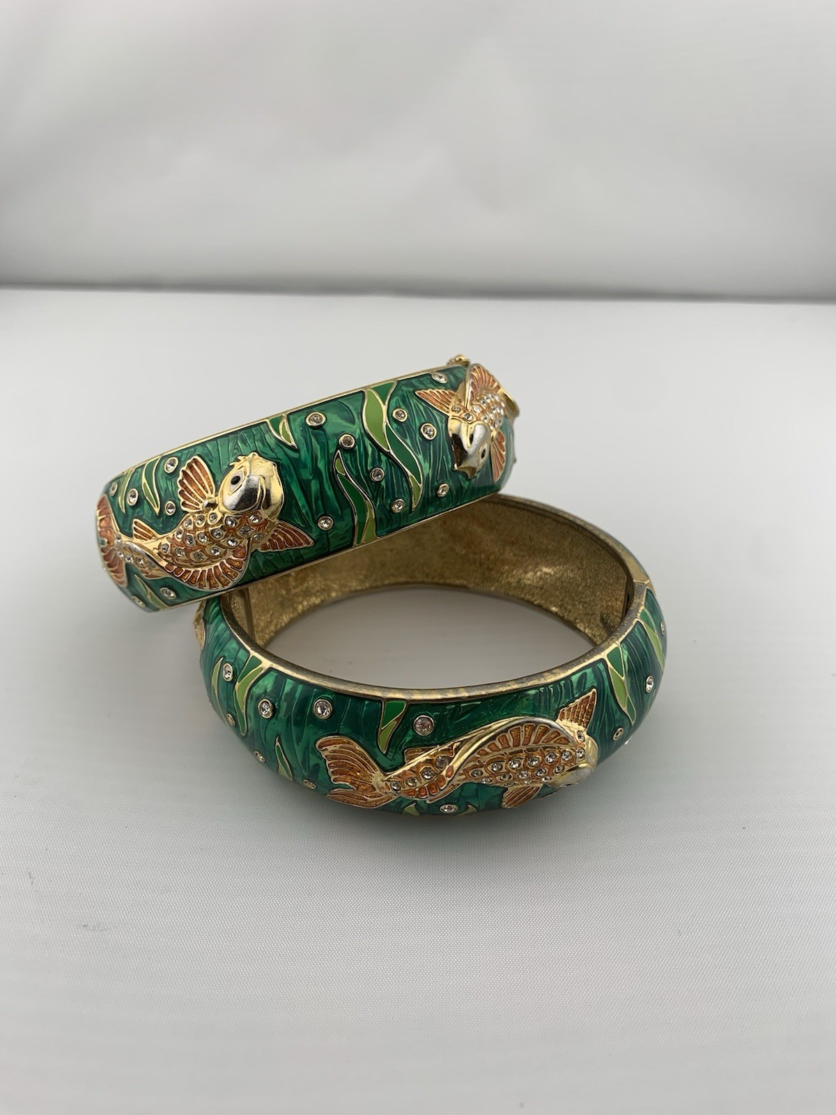 Vintage Koi Fish Enamel Hinged Bangle Bracelet Green Gold Tone Rhinestone Cuff