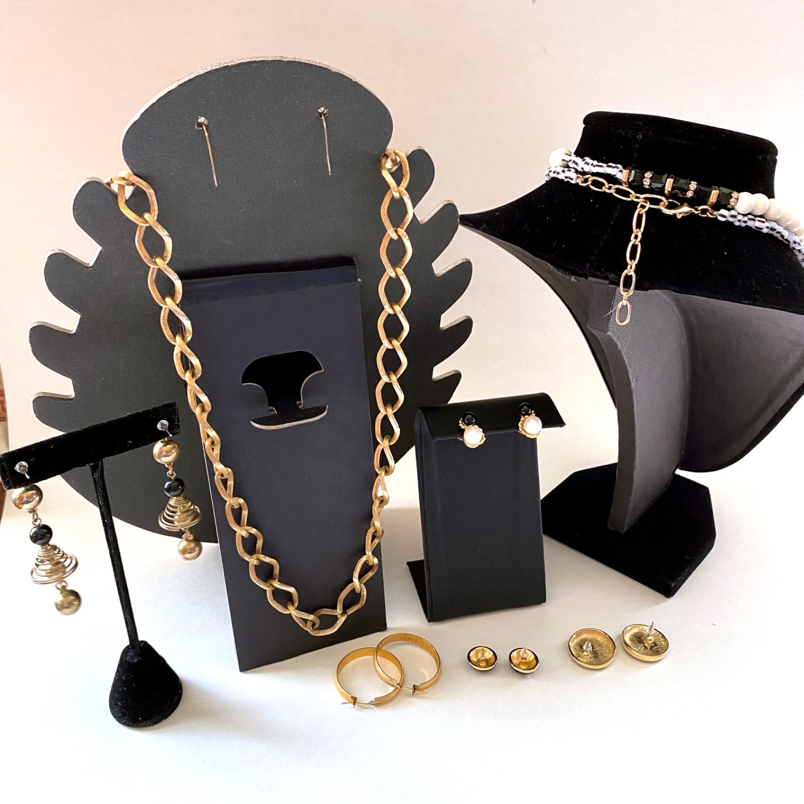 Lot of 8 Vintage to Now Costume Jewelry All Wearable – Gold Black White Mix