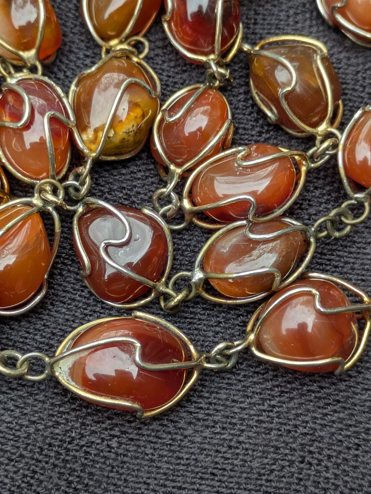 Wire Wrapped Tumbled Banded Agate 32.5″ Necklace ~ Red Orange Brown Gemstone F19