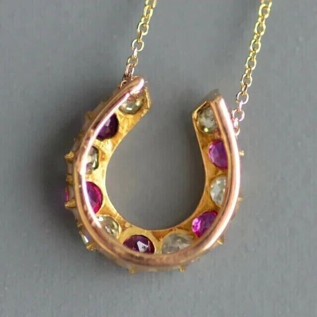 Round Cut Simulated Pink Ruby Women’s Horseshoe Pendant 14K Yellow Gold Plated