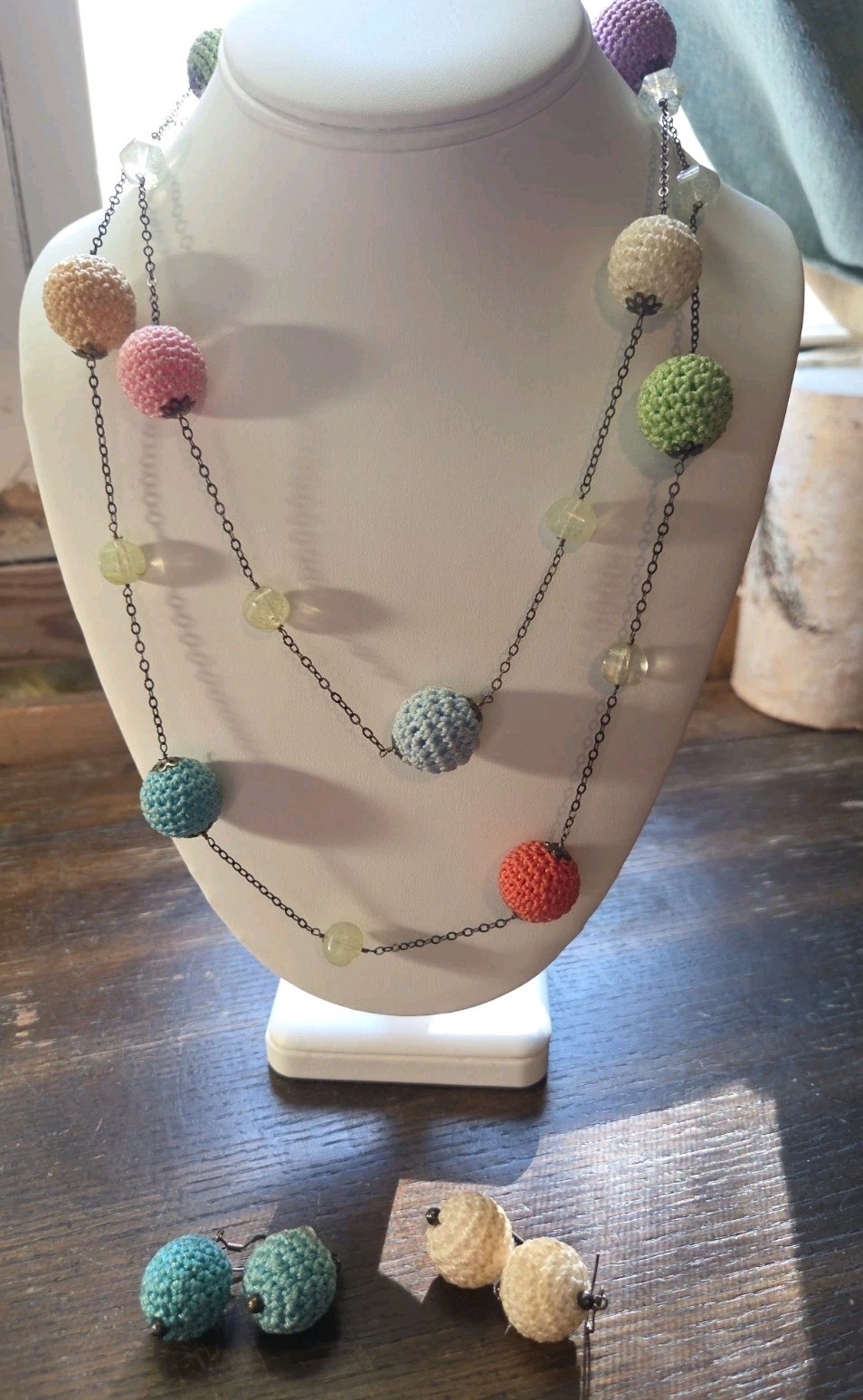 Vintage Sterling Silver Hand Crochet Multicolor Balls Necklace With Earrings