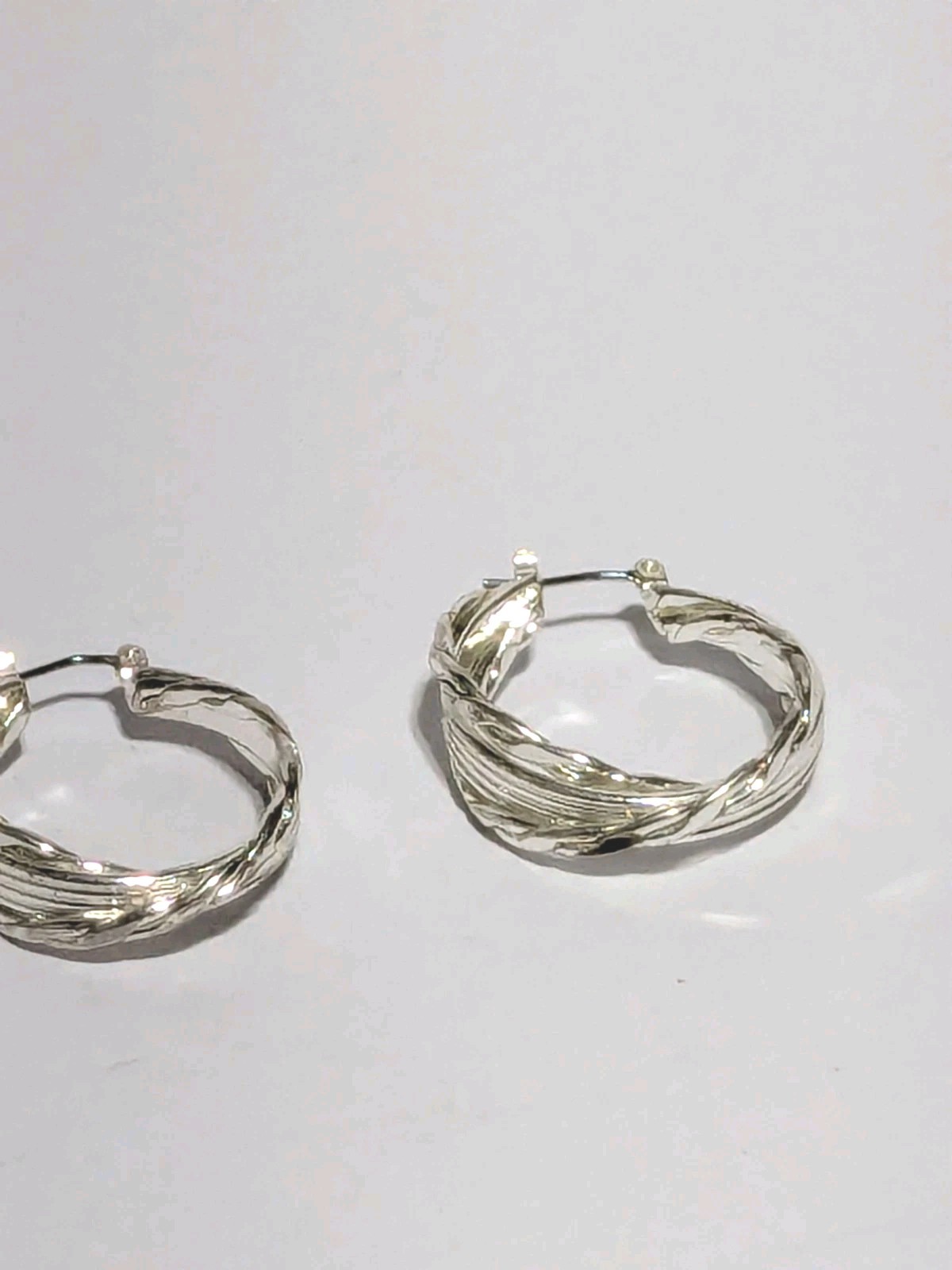 Silver Tone Twisted Textured Hoop Push Lock Dangle Earrings 1″.