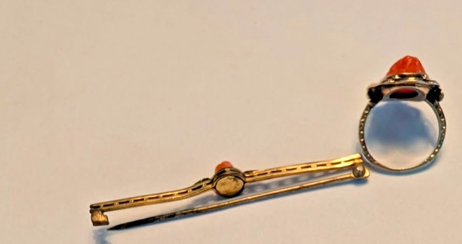 Antique Salmon-colored Coral Cameo 14K Ring and Victorian Stick Pin