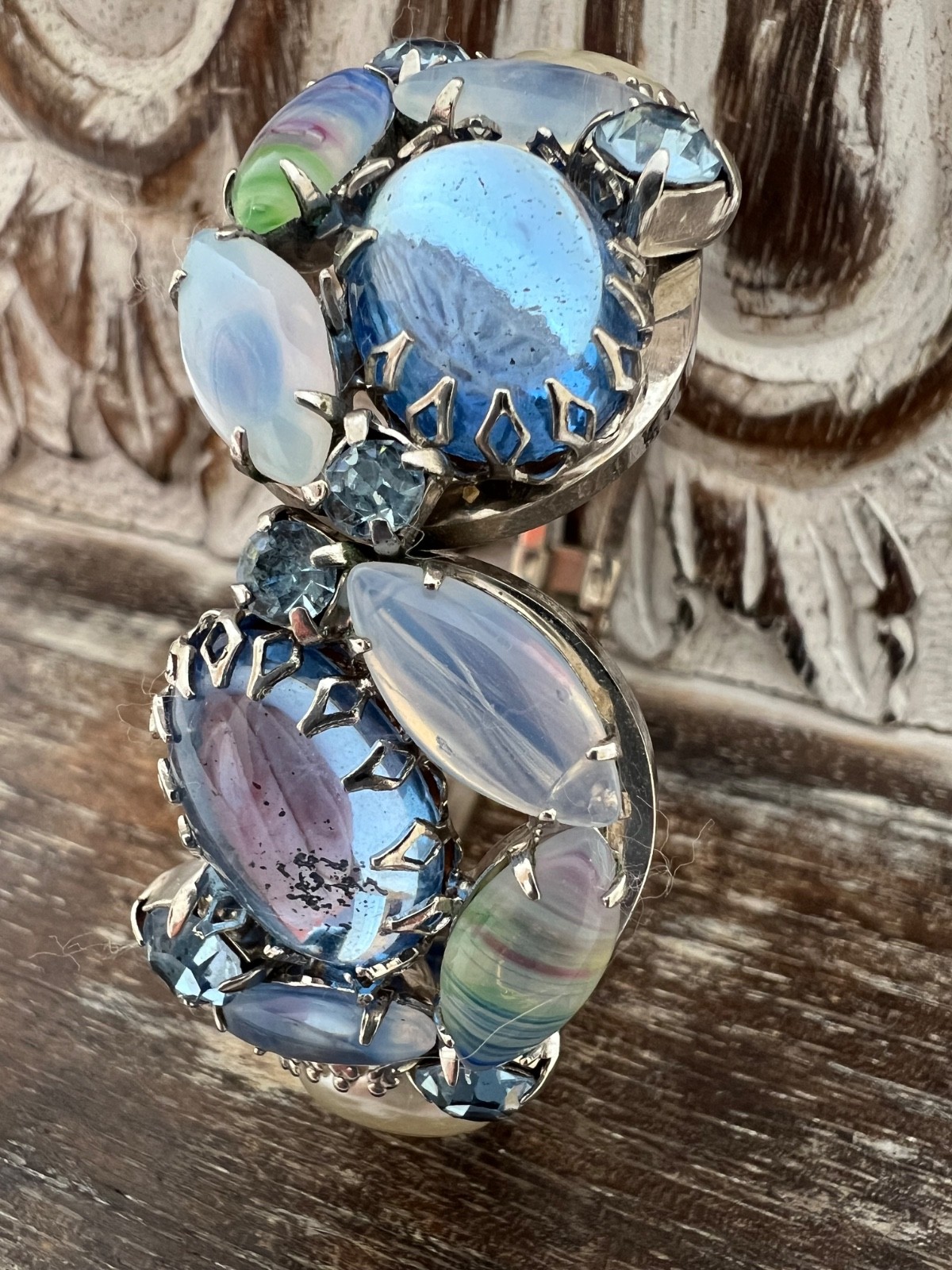 A132 Vintage Juliana Blue Glass Givre Cabochon Pearl Silve Clamper Bracelet