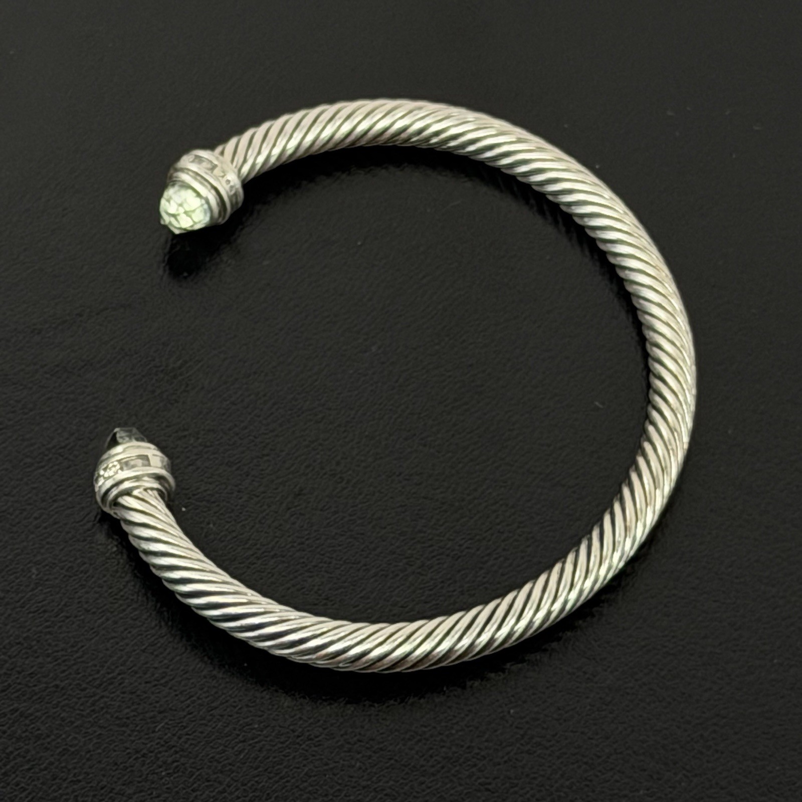 David Yurman Sterling Silver Prasiolite & Diamond Cable Cuff Bracelet 5 mm 6.5″