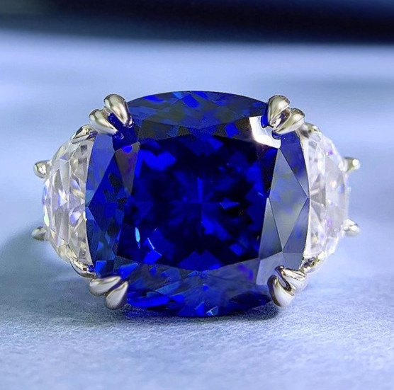9ct Lab Grown Royal Blue Sapphire Ring, 18K Gold Vermeil, Stylish Statement