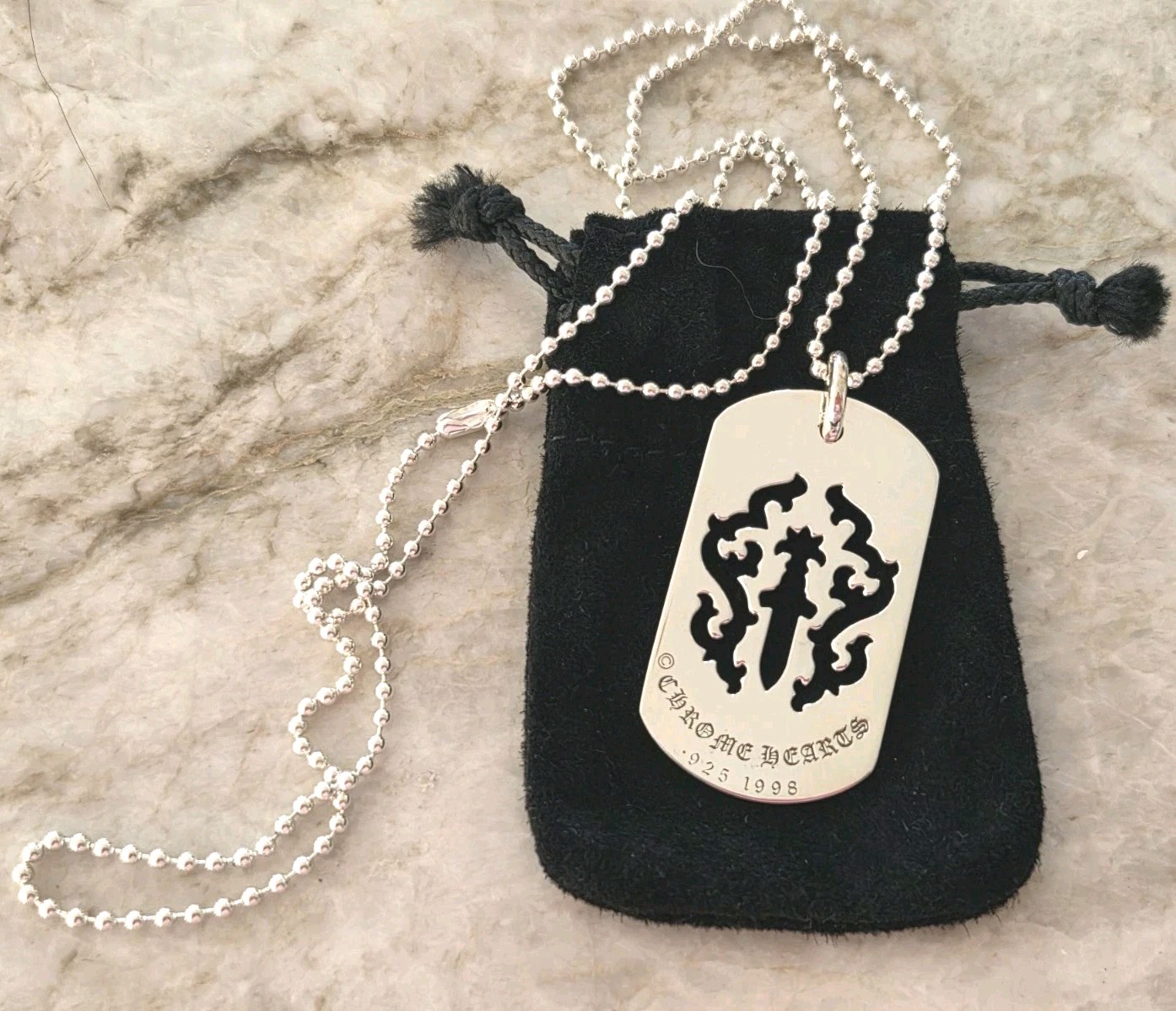 Chrome Hearts CH Silver Large Chicken Nugget Dog Tag w/ Ball chain Necklace