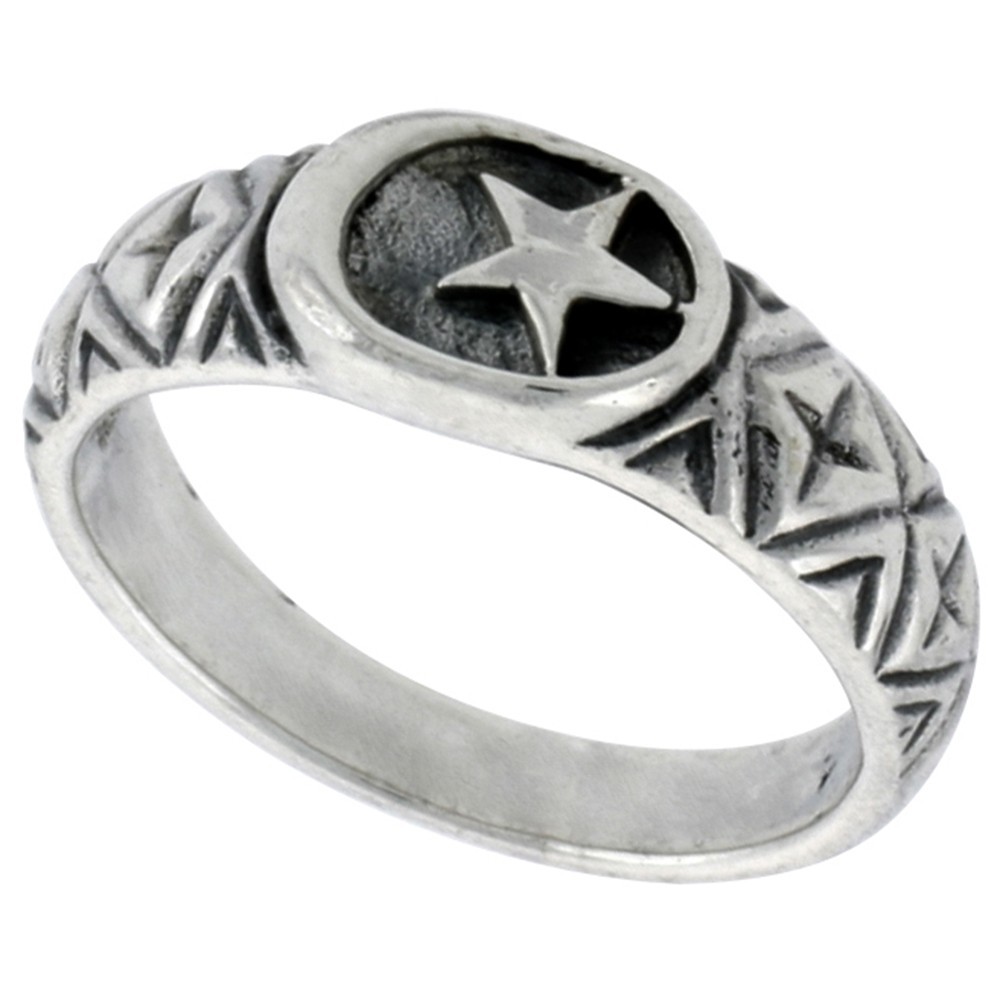 925 Sterling Silver Crescent Moon and Star Ring for Women 1/4 Inch (6mm) Wide