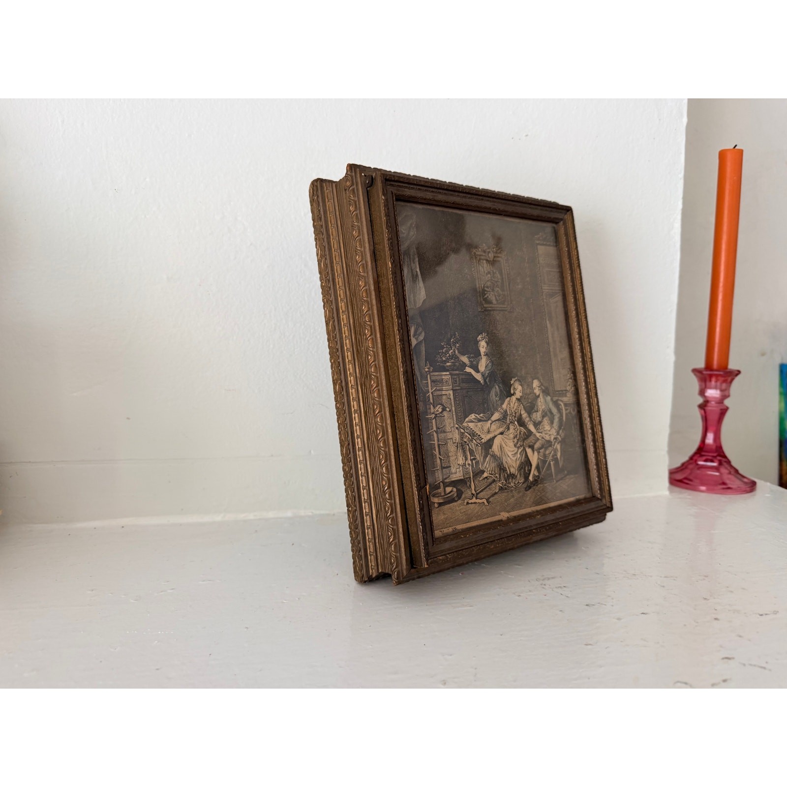 Antique Wood Jewelry Box French Salon Engraving Lid Mirror Compartments 1920s