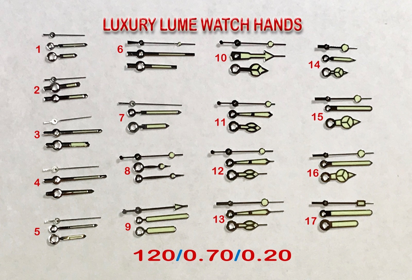 New 1 set LUXURY Hour Minute Second Hands Watch Silver Green Lume 120/70/20