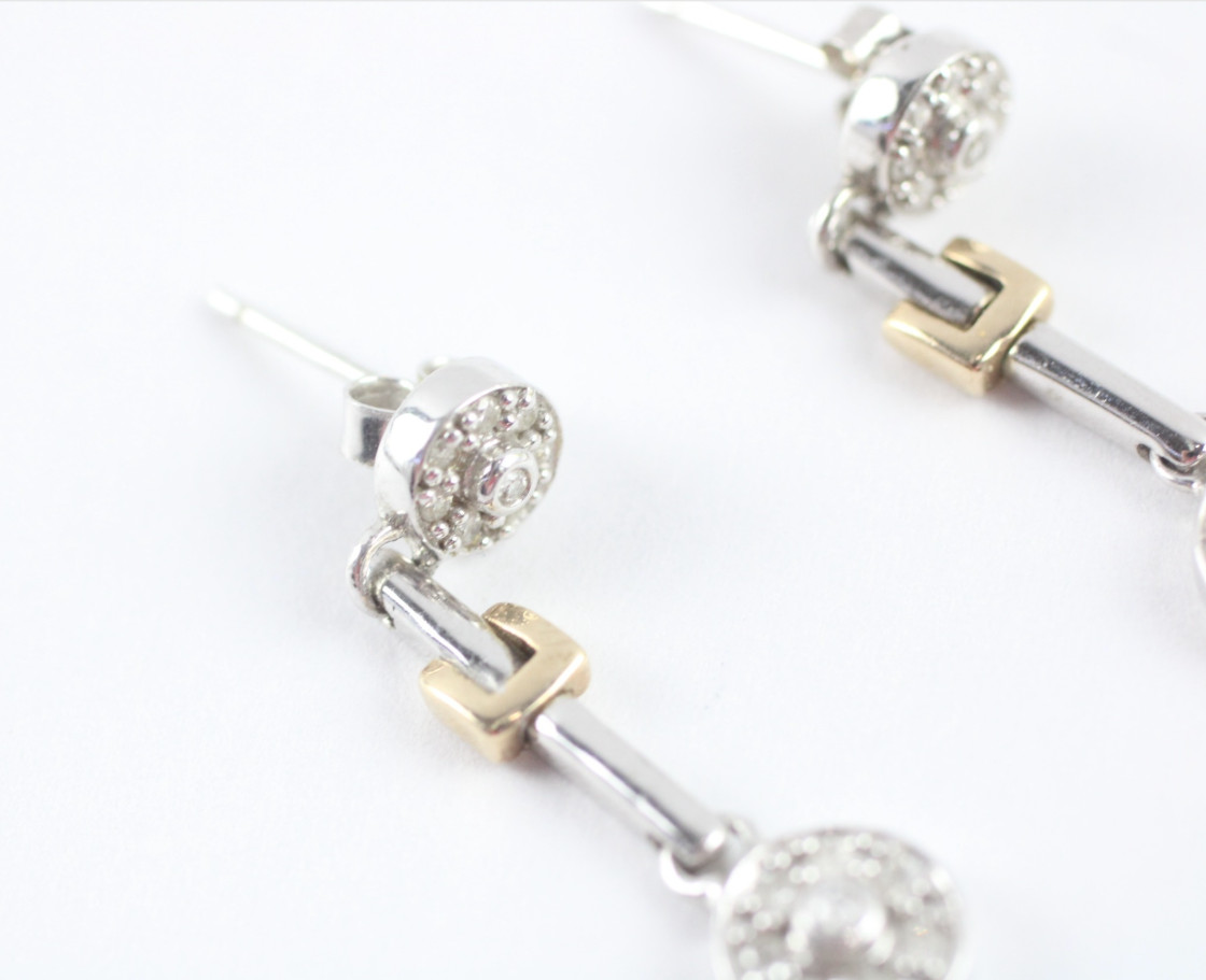 9k Two-Tone Gold Diamond Drop Earrings Approx. 0.56ct Total 3.7g 28mm Vintage