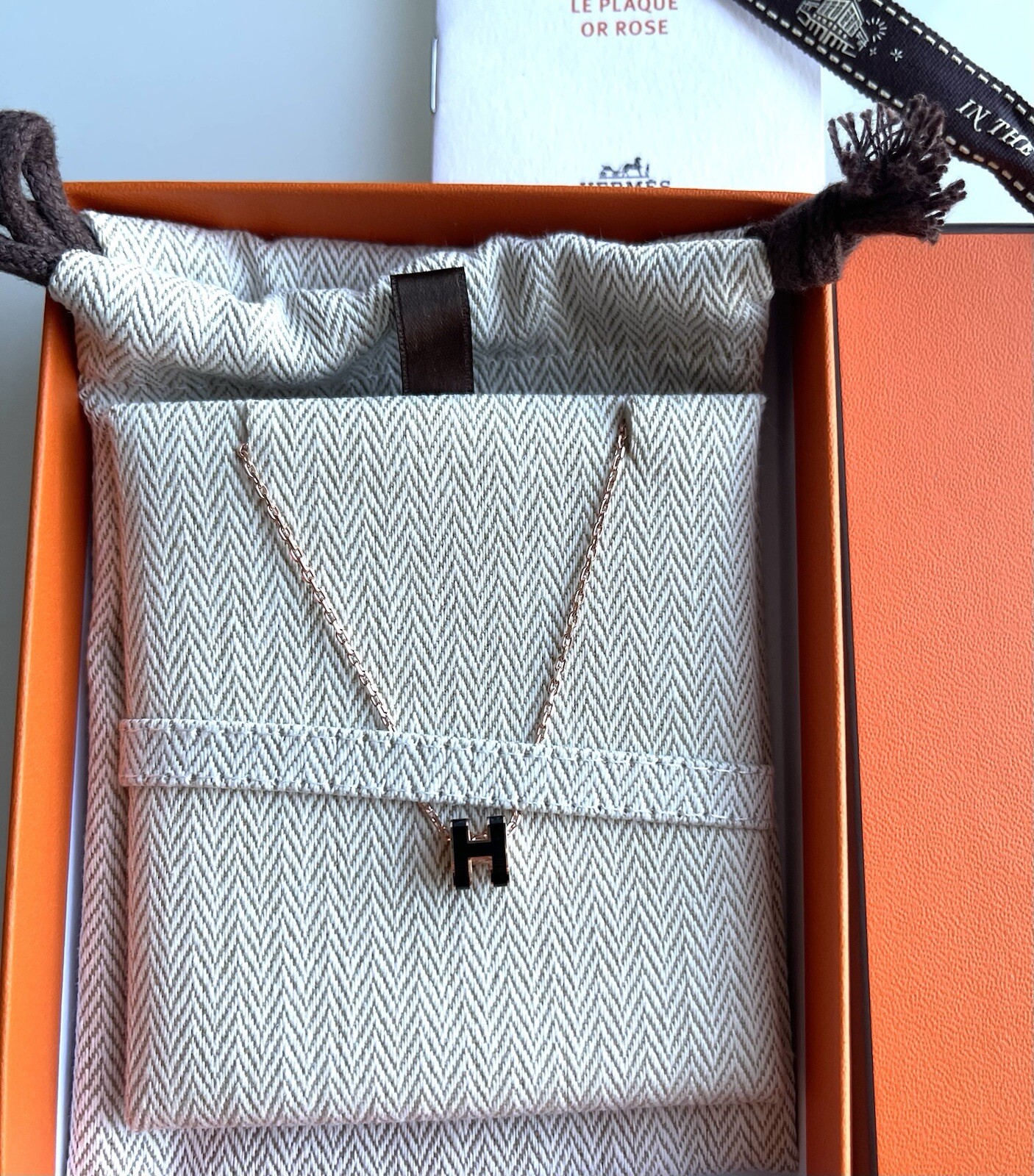 New HERMES Mini Pop H Pendant Necklace Noir Black w Rose Gold Hardware RGHW