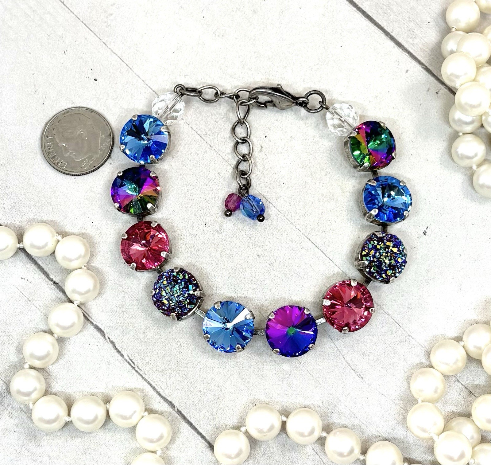 12mm Antique Silver Plated Ice Blue And Pink Druzy Cup Chain Statement Bracelet