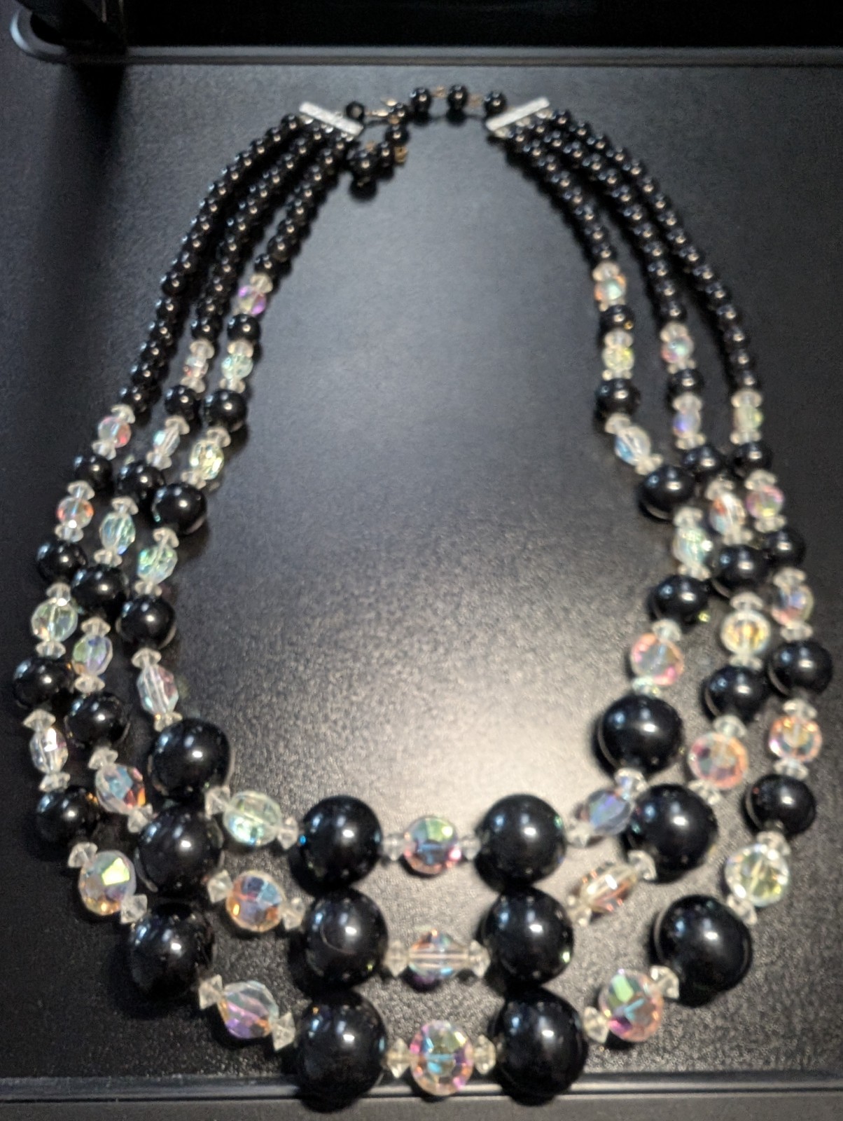 Vintage 1950s Black Aurora Borealis AB Crystal Bead Necklace 3 Strand Multi Bib