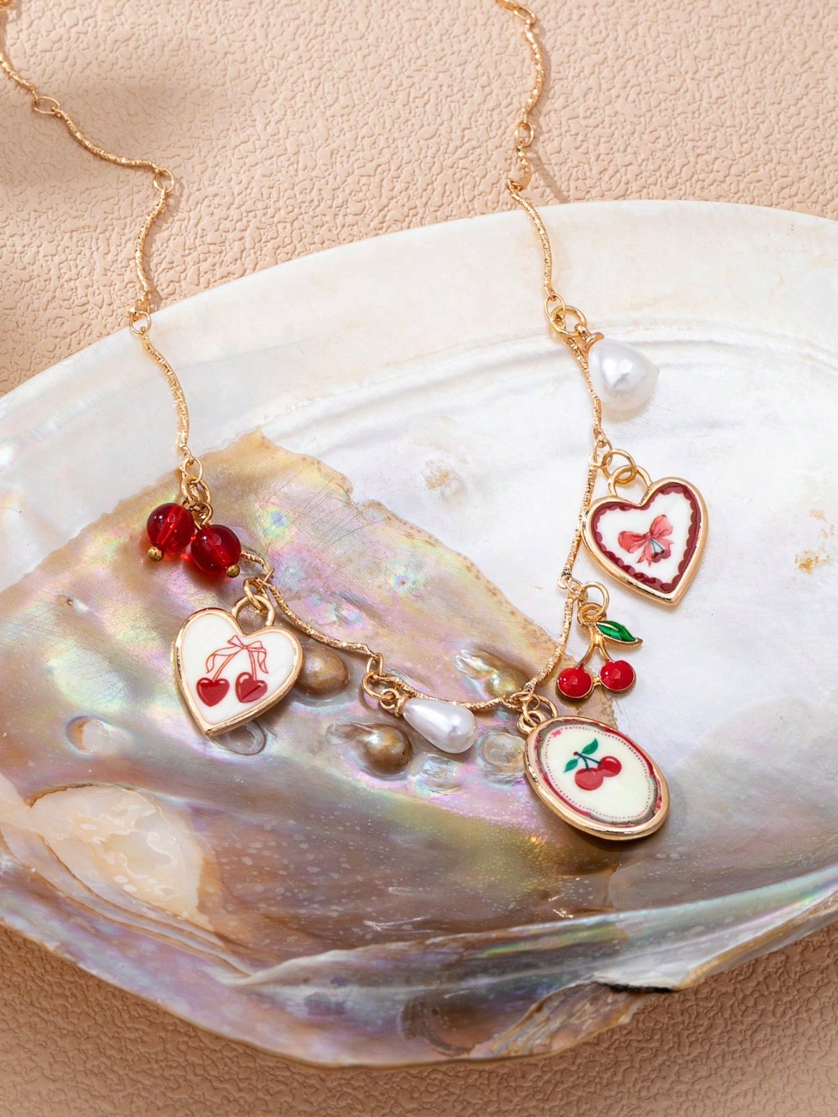 Cute Cherry Charm Necklace Gold Tone Y2K Coquette Pearl Heart Pendant Necklace