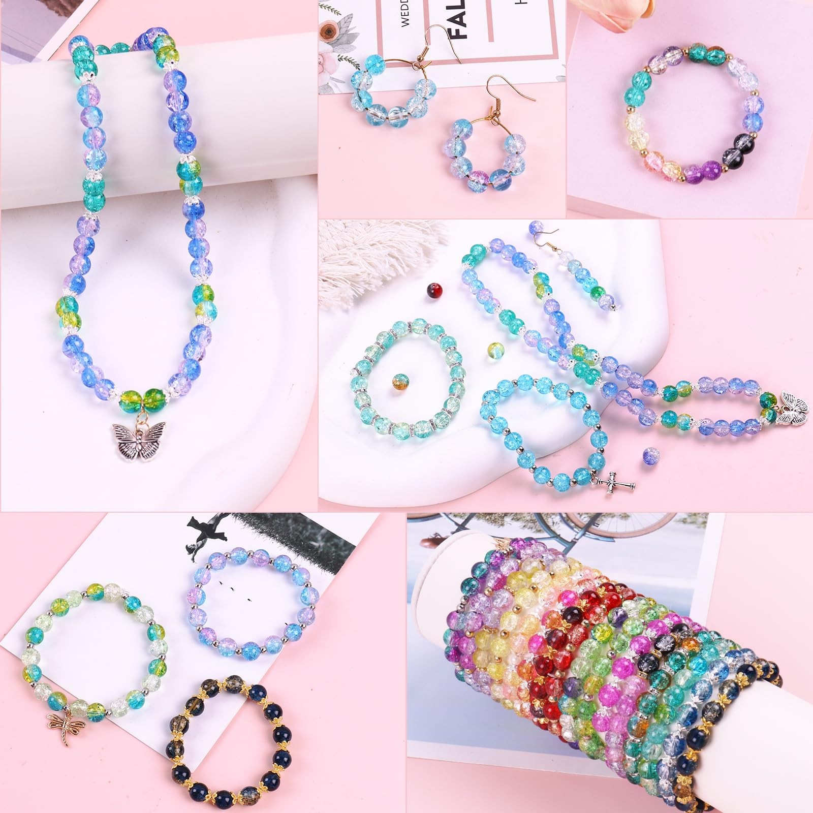 1800PCS 8mm Crackle Glass Beads Bracelet Making Kit, 48 Colors 8mm, crackle