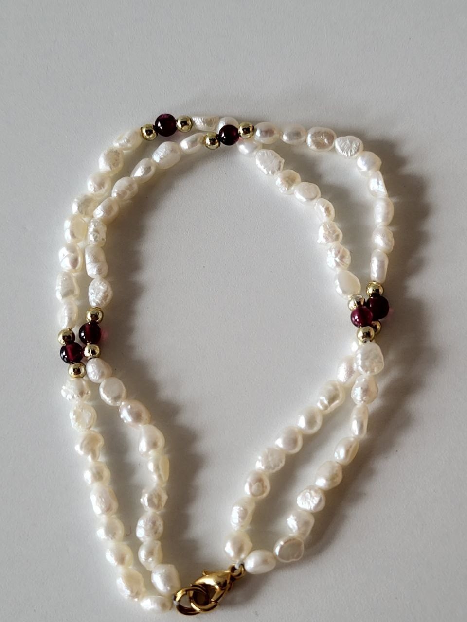 Pearl and Garnet Bead Double Strand Bracelet 8 in