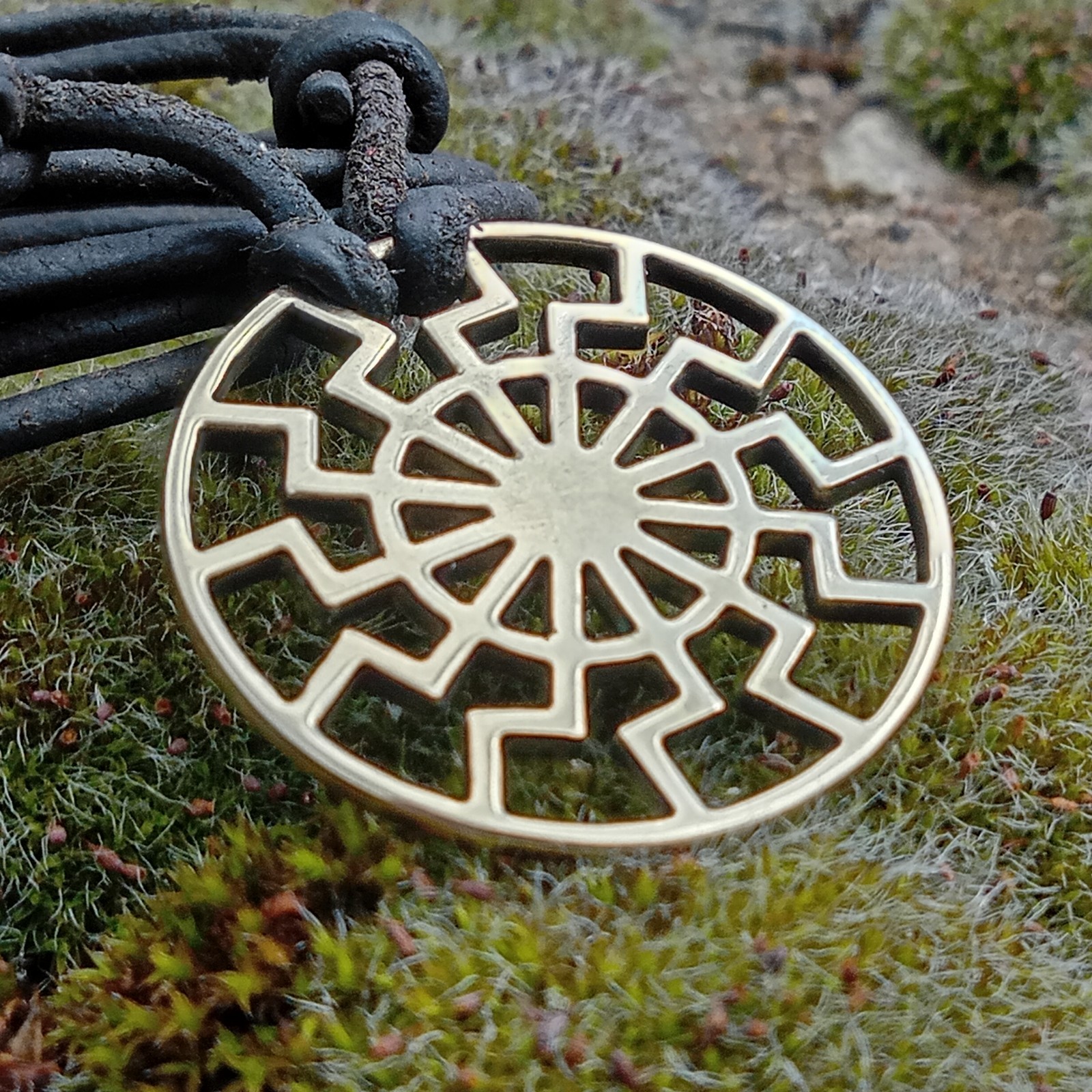 Black Sun Pendant Necklace – Brass Sonnenrad Medallion on Black Cord