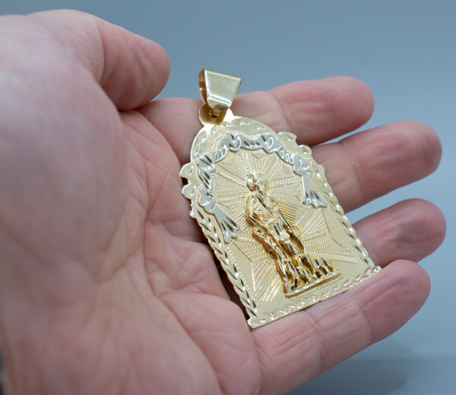 (MA4) 14k Two Tone Gold Saint Lazaro Pendant 16 Grams 2-3/4″x1-5/8″