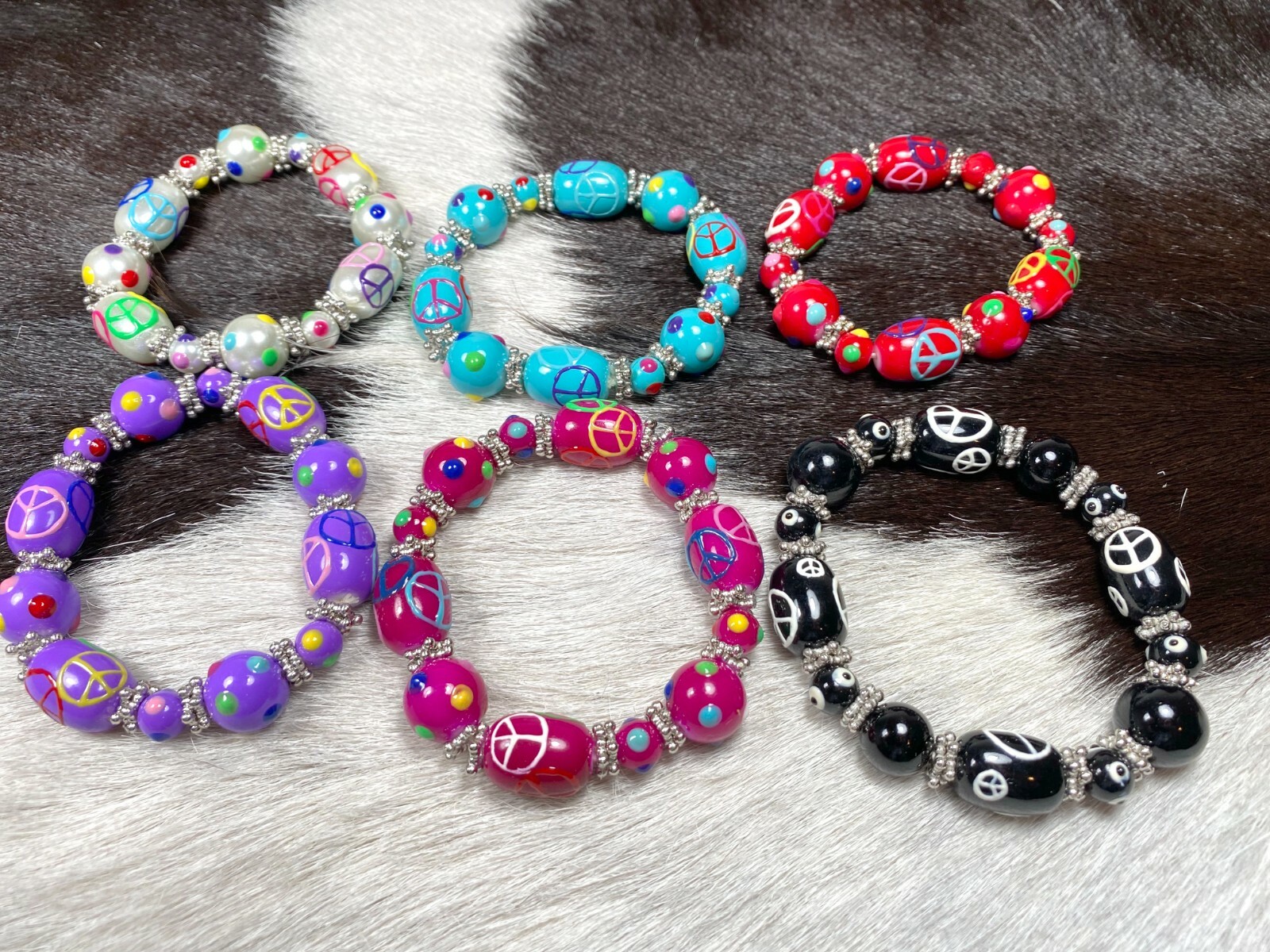Peace Jewelry Wholesale Lot 6 Glass Beaded Stretch Bracelet Colorful Peace