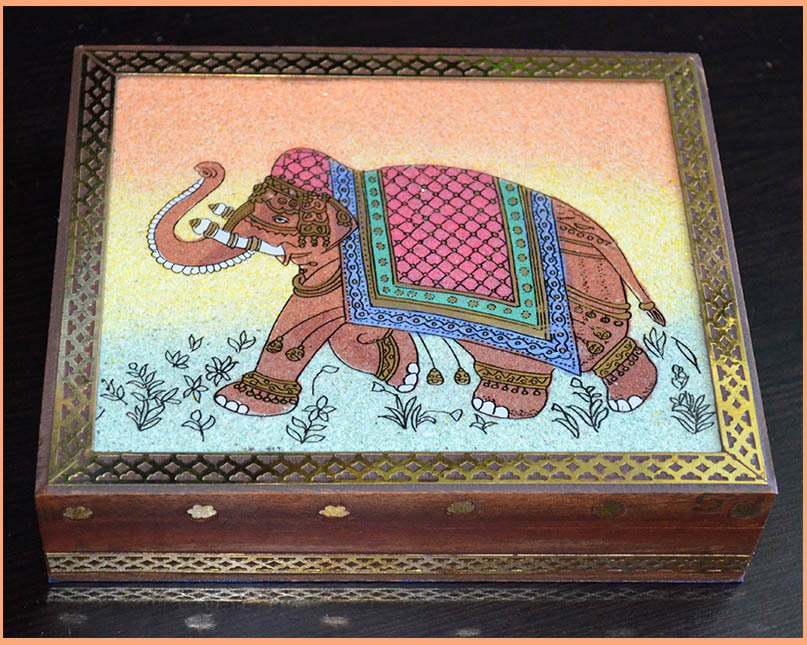 Wooden jewelry box with glass gem stone painting and brass border from India!
