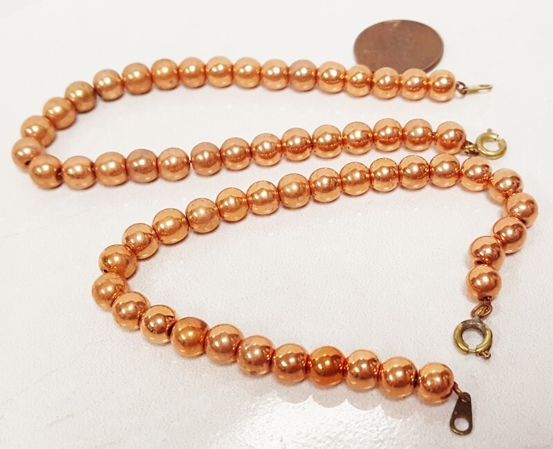 2 VINTAGE COPPER COATED ACRYLIC 6mm. BEADED BRASS CHAIN 7.50″ BRACELETS N276