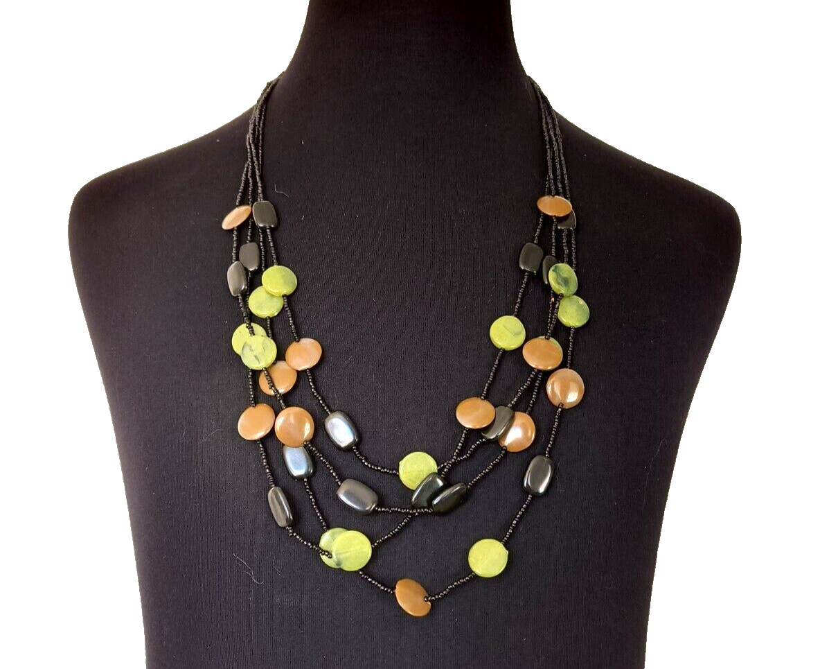 Women’s Necklace Beaded Multistrand Black Brown Green Black Discs Vintage