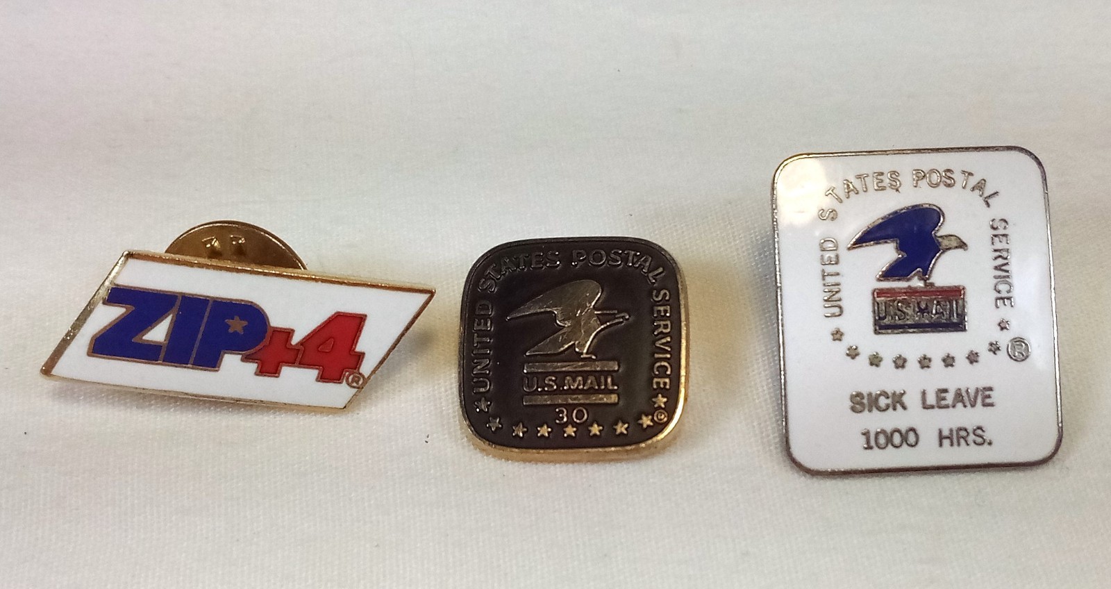 Three US Postal Service Lapel Pins 30 Years Service 10K Gold, Zip+4, Sick Leave