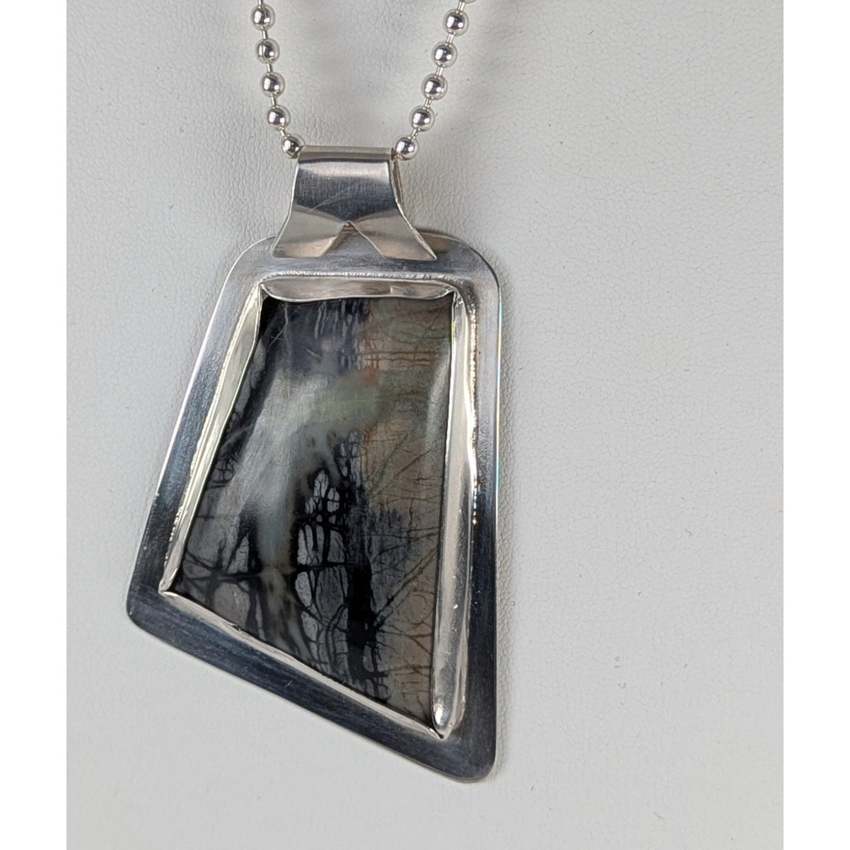 Picasso marble Sterling large pendant set in asymmetrical bezel + ball chain NWT