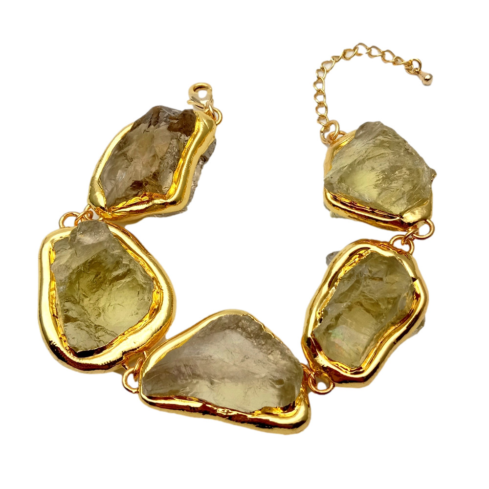 Natural Lemon Quartz Rough Raw Bracelet Gold Plated Brushed Bead Semi Precious