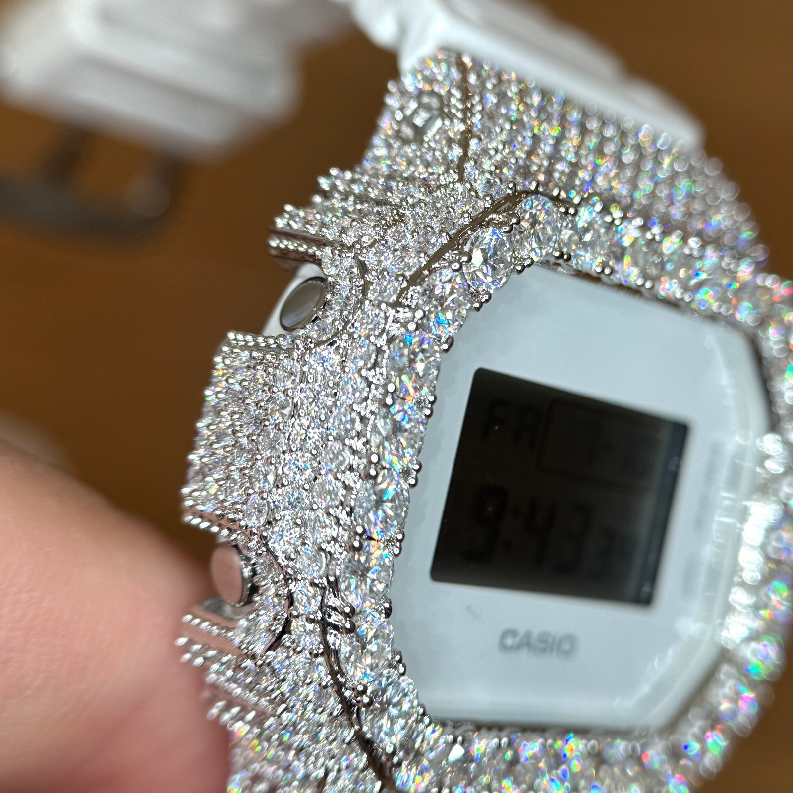 Authentic G Shock White DW5600 Custom Iced Out Moissanite Watch