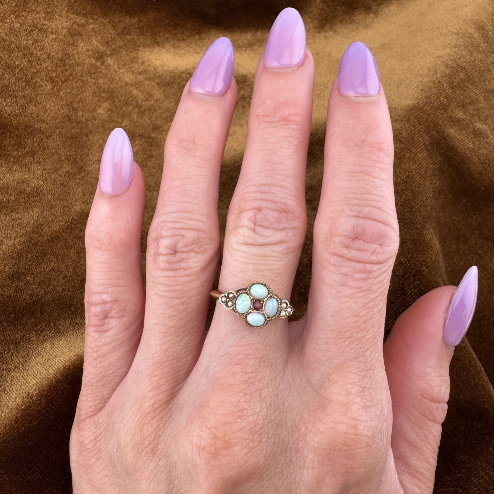 Antique Victorian 9K Yellow Gold Natural Opal & Seed Pearl Cluster Ring Size 5.5