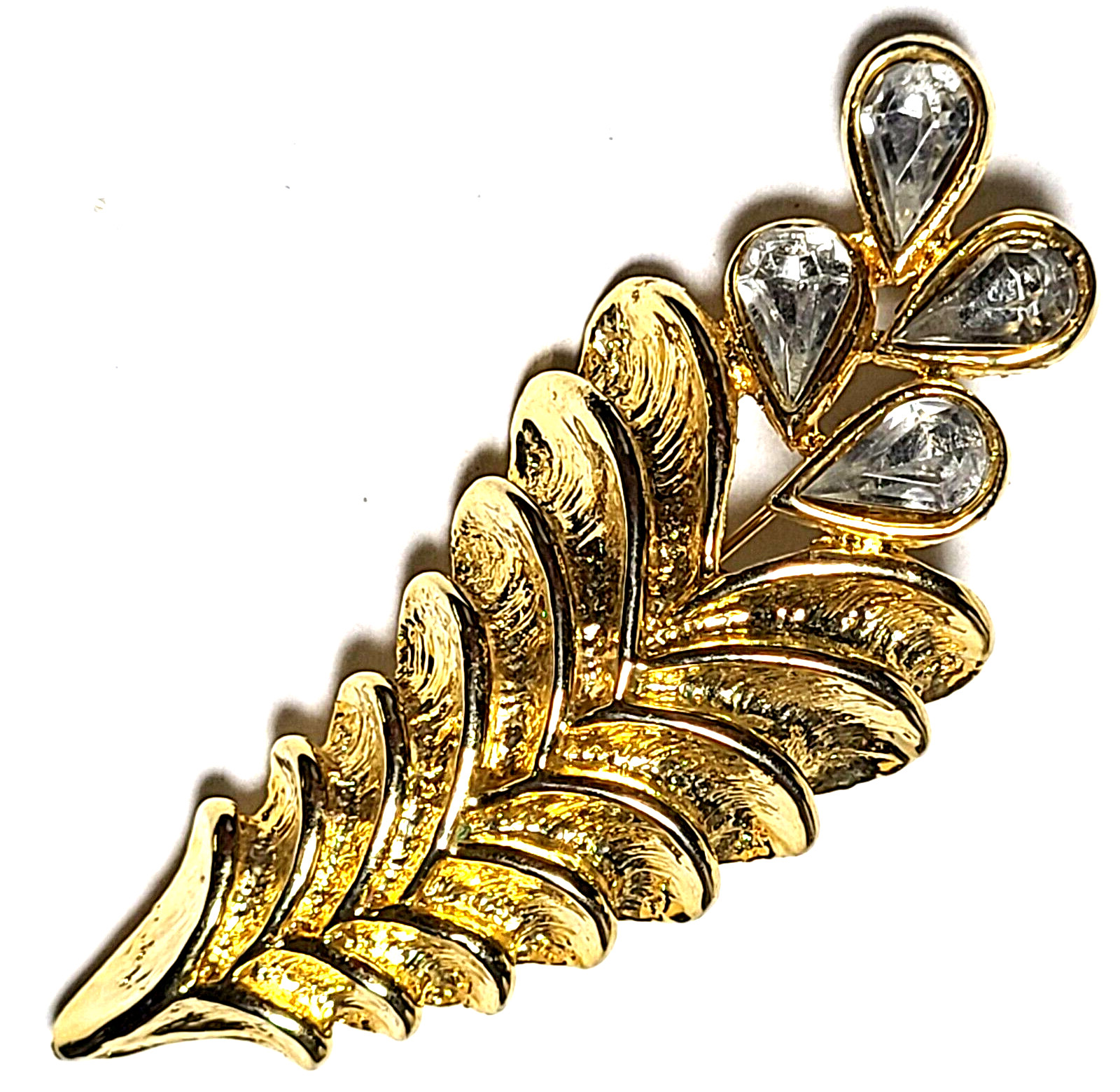 VINTAGE STUNNING GOLD TONE CLEAR GLASS FLORAL PIN BROOCH
