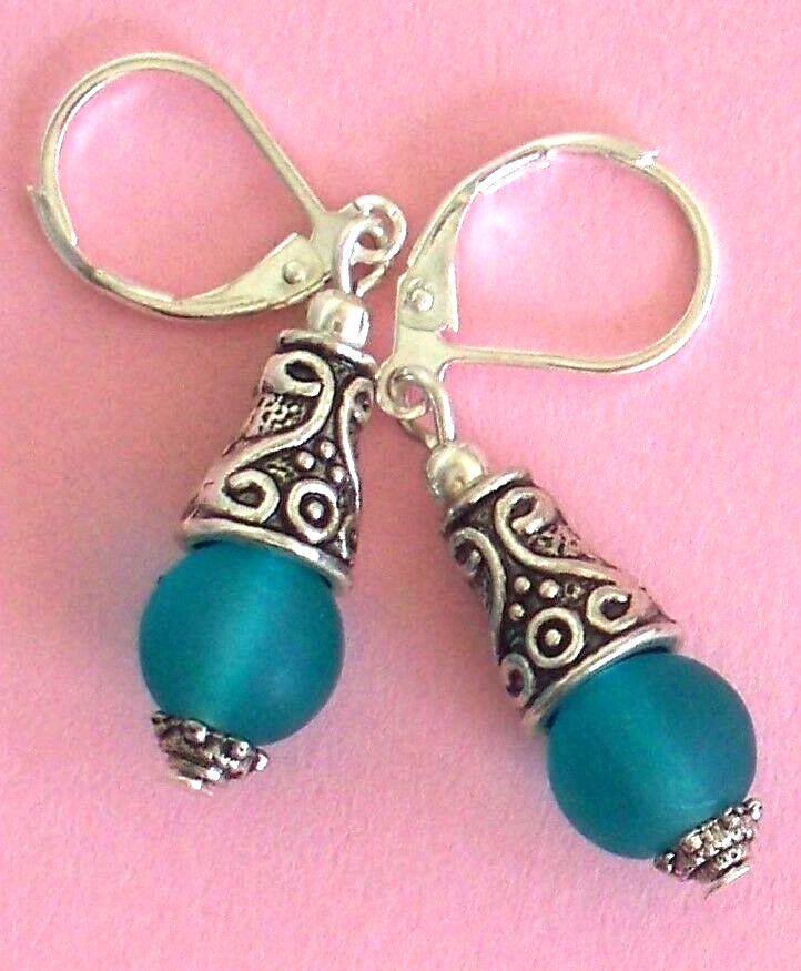 teal green BEACH FROSTED GLASS drop earring SP HANDCRAFTED XX