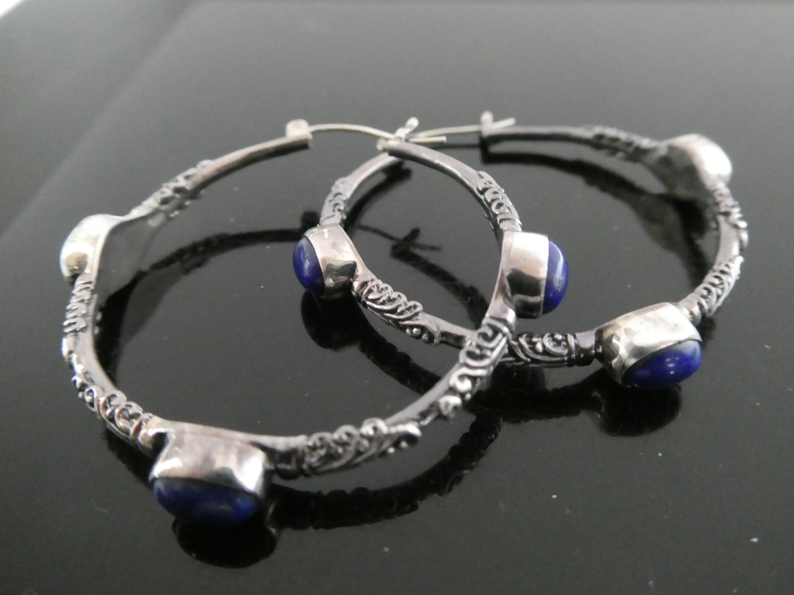 Suarti Balinese Lapis Lazuli Ornate Sterling Silver 925 Hoop Earrings