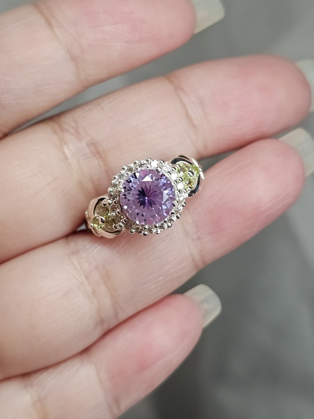 Pink CZ Halo Ring Light Green Gem Accent Sterling Silver Size 6