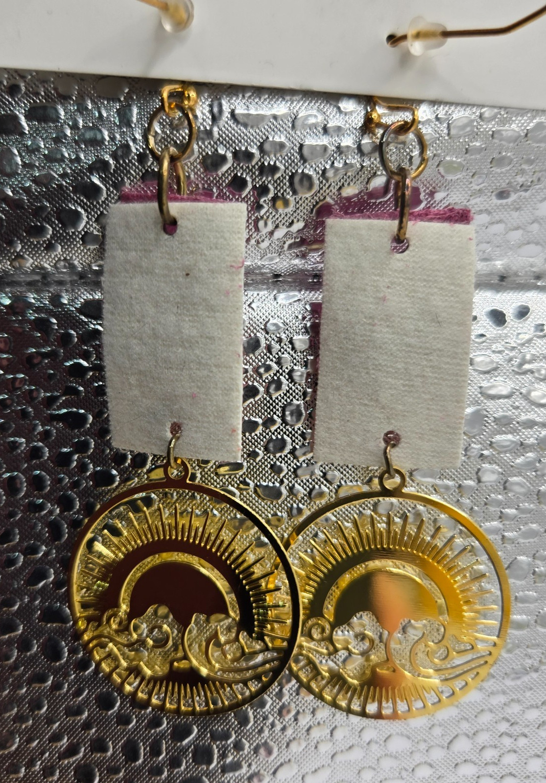Gold Sun & Clouds Tree with Pink/Floral Dangle Earrings ~2 1/2 inches NEW