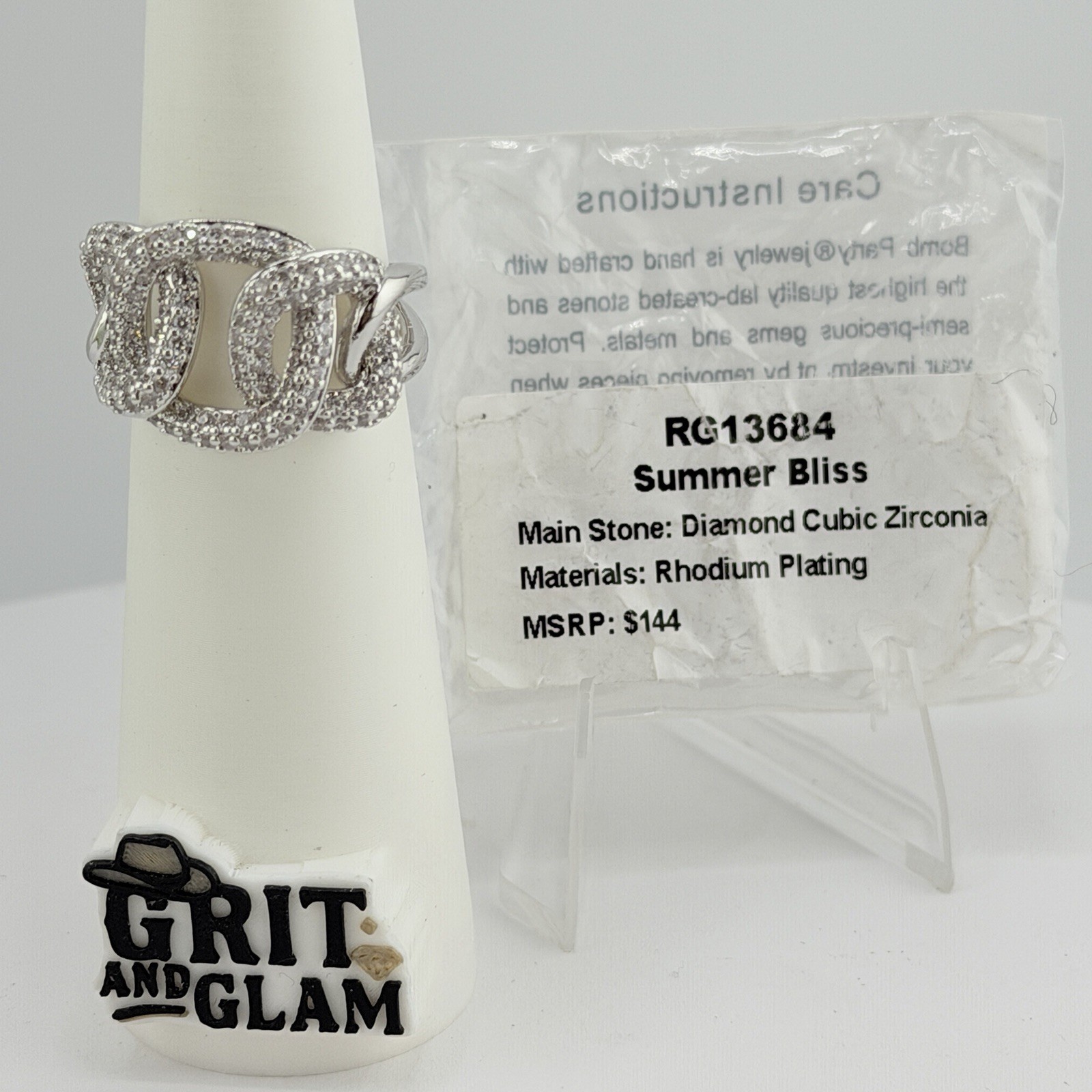 Bomb Party Ring Size 9 “Summer Bliss” Clear Cz on Rhodium Pave Link