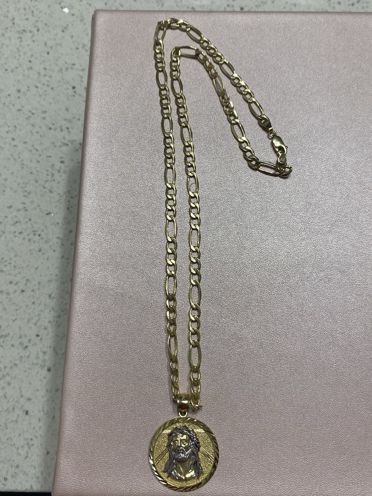 10K Figaro Chain and 10K Solid Gold /White gold Jesus Pendant