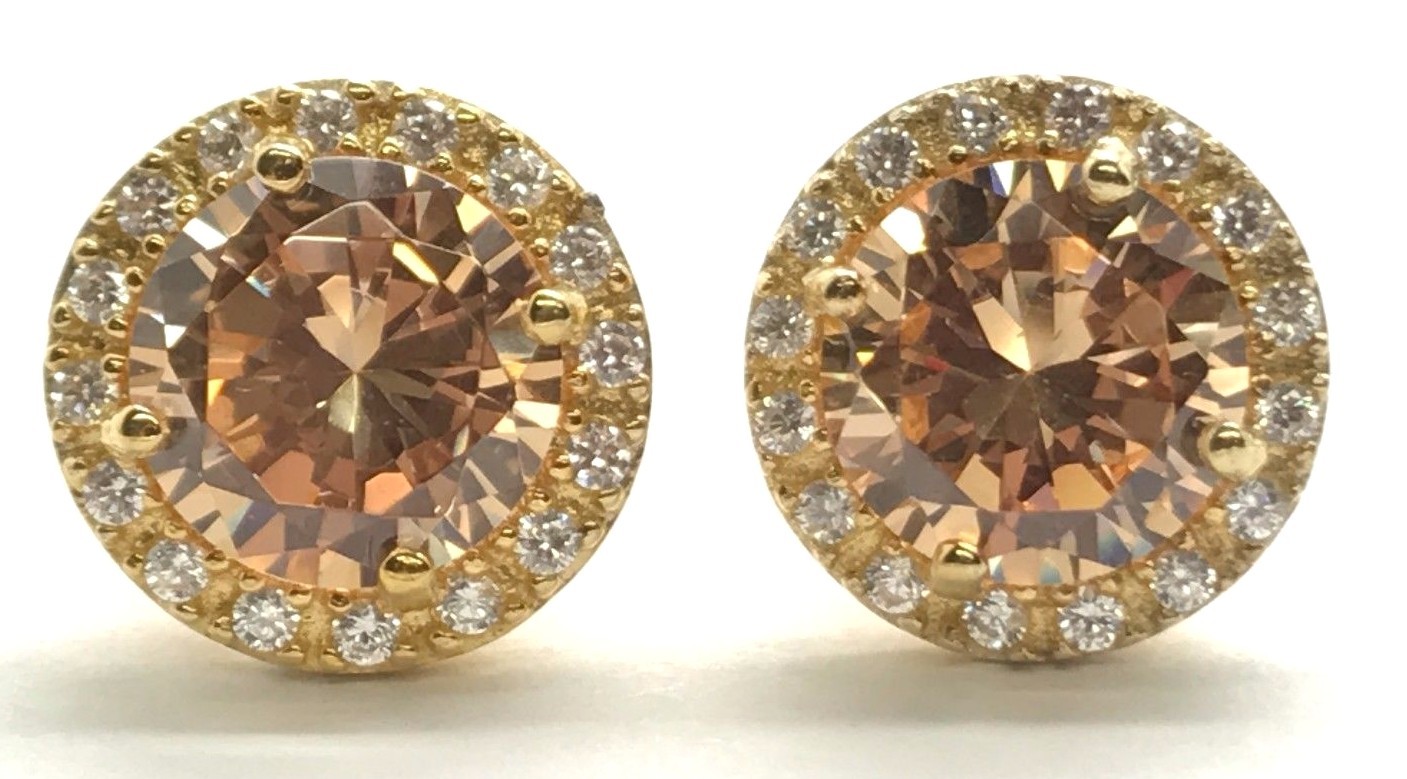 Sterling Silver Gold Tone Round Orange Peach Citrine CZ Halo Stud Post Earrings