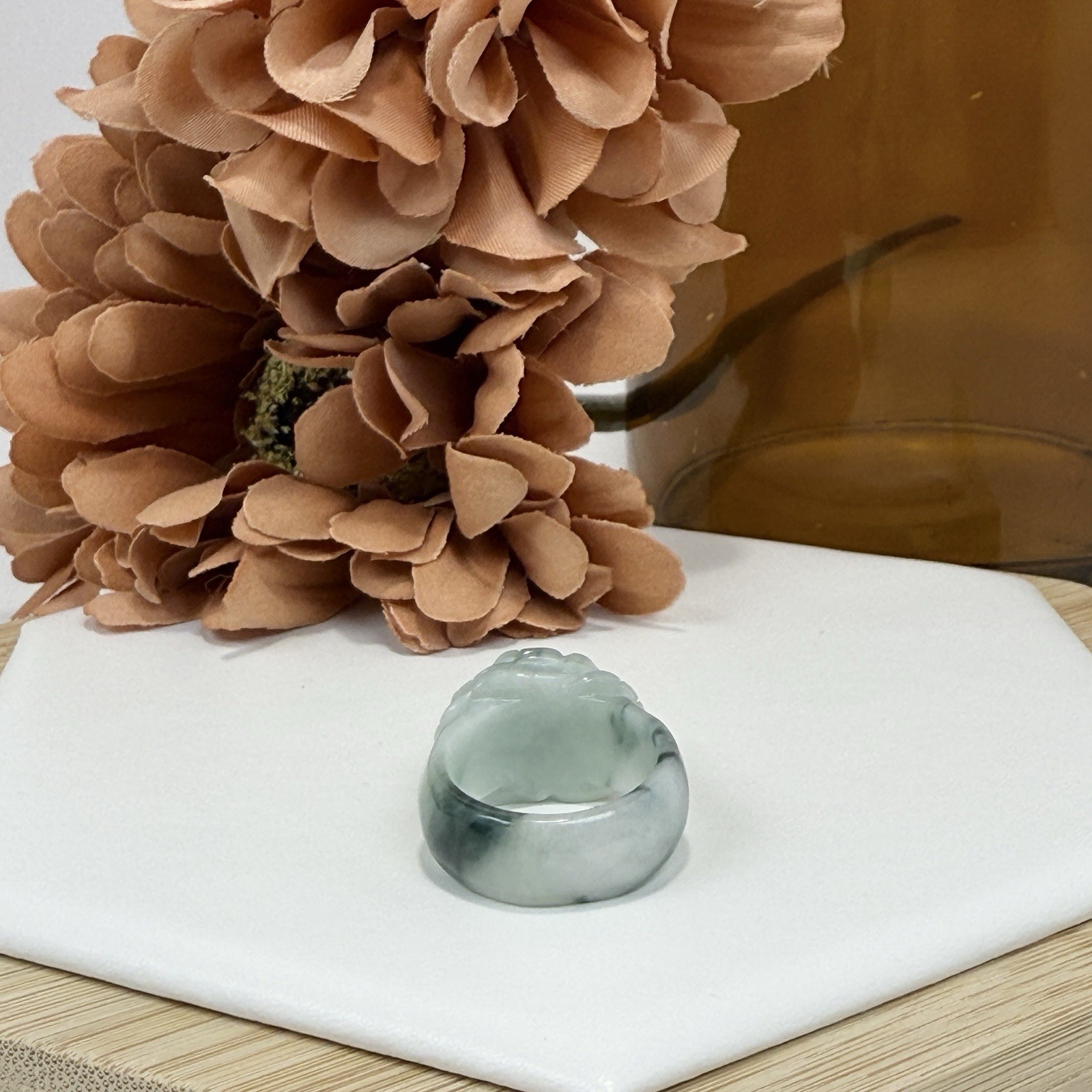 Jadeite Flower Carved Ring Size 9 1/4 Width 9.2MM
